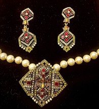 Heidi Daus Art Deco Red Stone &amp; Pearl Necklace and Earring Set - £186.44 GBP
