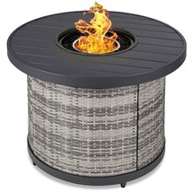 50,000 BTU Grey Wicker Round LP Gas Propane Fire Pit w/ Faux Wood Tabletop and C - $491.77