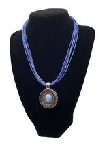 Blue Cabochon 5 Strand Blue Seed And Bugle Bead Necklace Silver Tone - £23.59 GBP