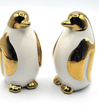 2 Penguin Art Glass Bird Figurines Paperweight Shinny White Gold Design - £25.35 GBP