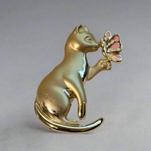 Vintage Cat and Butterfly Brooch – Gold Tone with Pink Enamel Accent - $162.73 MXN