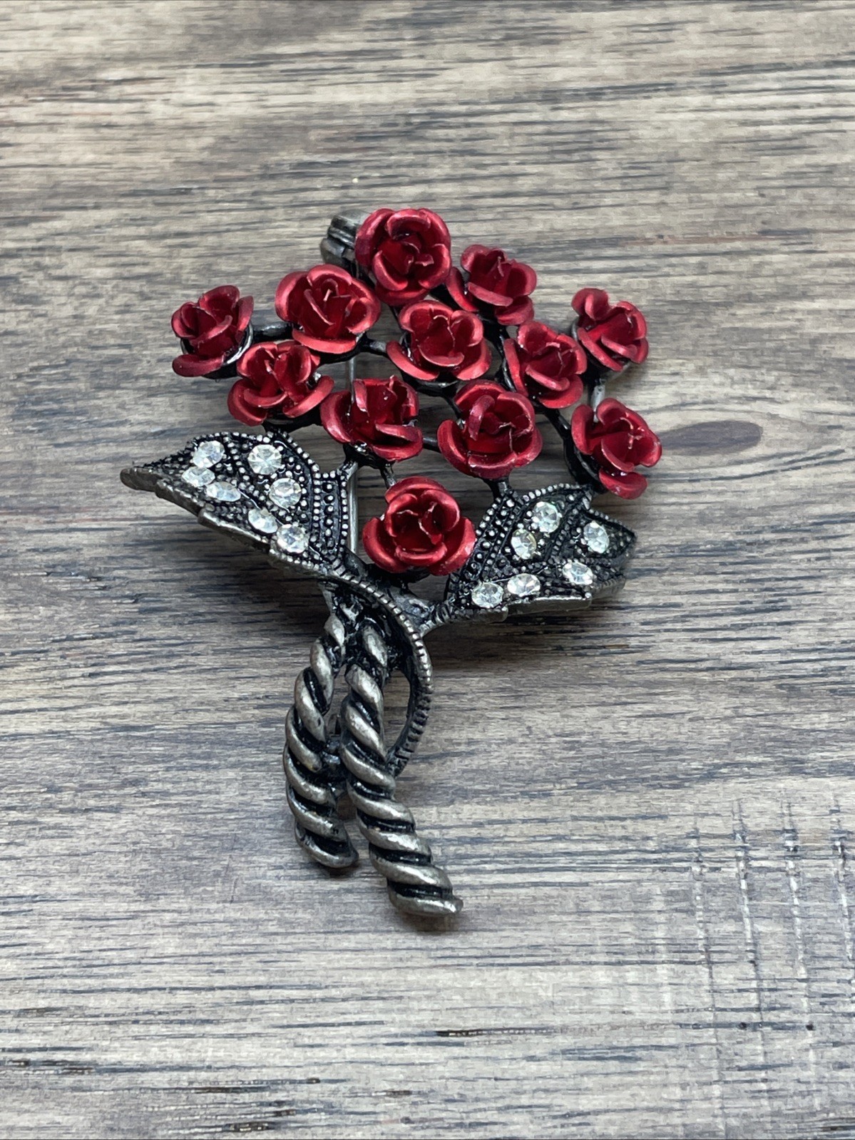 Vintage Silver Tone White Rhinestone Red Roses Brooch Pin Gothic Witchy ... - $9.89