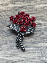 Vintage Silver Tone White Rhinestone Red Roses Brooch Pin Gothic Witchy ... - $9.89