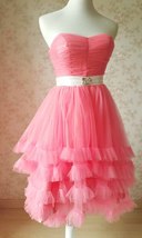 MELON RED Strapless Sweetheart Neck Hi-lo Tiered Tutu Skirt Bridesmaid Dress Cut image 2