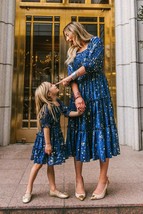 Blue Mommy and me dress stars simple ruffled long swing dress matching mom girl  - £27.87 GBP
