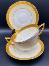 Minton 2x tea cup &amp; saucer. Bone china, white, cream &amp; gold bands.  VTG ... - £38.57 GBP