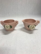 Pink rose CAPODIMONTE creamer sugar pottery set 2 pc. VINTAGE Italy - £33.10 GBP