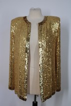 Vtg Champ Ellyse S Yellow Gold Open-Front Silk Sequin Jacket Topper Party - $47.49