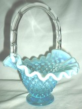 BEAUTIFUL FENTON BLUE WHITE FROSTED HOBNAIL CANDY BASKET W/HANDLE BOWL V... - $31.36