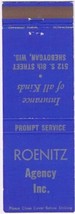 Matchbook Cover Roenitz Insurance Agency Sheboygan Wisconsin - £2.24 GBP