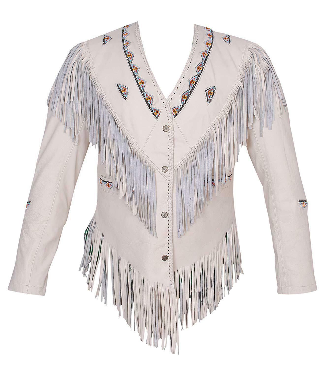 Women's White Color Western Fringed Style Beaded Patches Genuine Leather Jacket