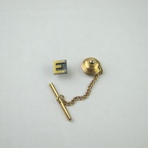 Vintage Monogram Letter E Tie Tack Lapel Pin Gold tone Chain Tie Bar - £8.05 GBP