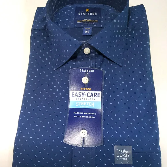 Stafford Mens Travel Easy-Care Blue Fitted Dress Shirt 16 1/2 36-37 - £19.93 GBP