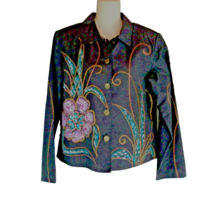 Alex Kim jacket wearable art button up PS black flowers lined long sleeves - $24.45