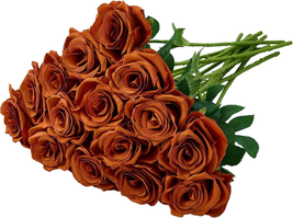 15Pcs Burnt Orange Fake Roses Artificial Silk Flowers Faux Rose Flower Long Stem - £26.91 GBP
