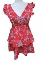 Betsey Johnson Bush Garden Print Seersucker Red Tiered Ruffle Dress Size Medium - £52.41 GBP