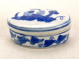 Vintage Porcelain Trinket Box, Small Oval Shape, Abstract Blue Flowers &amp; Leaves - £15.44 GBP