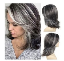 SEVENCOLORS Dark Grey Layered Wigs for Women Medium Length Gray Mixed White Wigs - £14.01 GBP