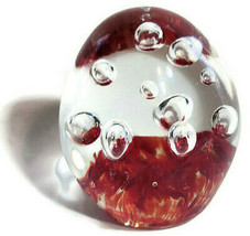 Art Glass Oval Paperweight Sun-catcher Controlled Bubbles Red Swirl 2&quot; - £21.14 GBP