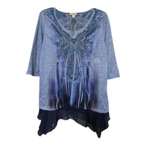 One World Live And Let Live Womens Blue Embellished 3/4 Sleeve Top Size Small - £7.82 GBP