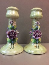 SET 2 CAPODIMONTE Style POTTERY CANDLE HOLDERS Carnation Stamped Germany - $69.29