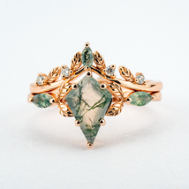 Kite Shape Moss Agate with Unique Leaf Texture Ring Set, Nature Inspired Design - £385.98 GBP+