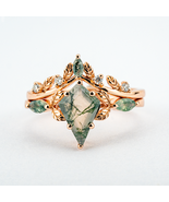 Kite Shape Moss Agate with Unique Leaf Texture Ring Set, Nature Inspired... - $500.00+
