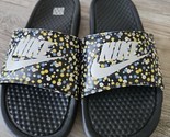 Women Nike Benassi JDI Slide Sandals Black &amp; Blue Gold Flowers Size 6.5 - £13.92 GBP