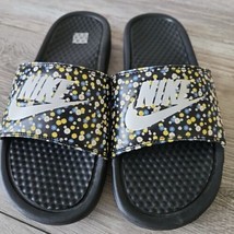 Women Nike Benassi JDI Slide Sandals Black &amp; Blue Gold Flowers Size 6.5 - £13.99 GBP