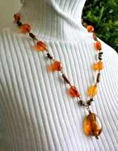 Fabulous Plastic Simulated Amber Gold-tone Bead Chain Necklace 1970s vintage 23&quot; - £11.75 GBP