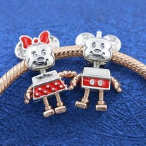 925 Sterling Silver and Rose Gold Disney Mickey Mouse &amp; Minnie Mouse Robot Charm - £15.80 GBP
