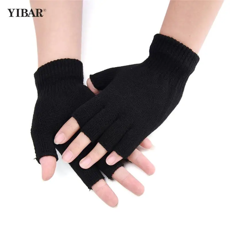 1Pair Motorbike Black Half Finger Fingerless Gloves For Women And Men Wool Knit - £6.47 GBP