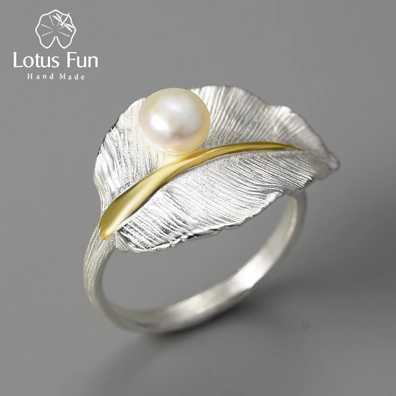 18K Gold Natural Pearl Adjustable Wedding New Leaf Rings for Women Real 925 Ster - £29.10 GBP