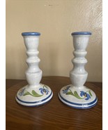 N S Gustin Co Hand Decorated Candlestick Holders Potterey Blue Floral Ma... - €9,68 EUR