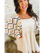 Beige Geometric Print Pleated Square Neck Loose Mini Dress - $245.34