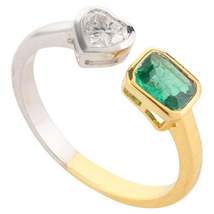 Diamond Heart and Emerald Toi et Moi Ring in 18k Solid Two Toned Solid Gold - £912.92 GBP