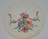 Lovely Round Flower &amp; RIbbon Embroidered Doily 11&quot; - £7.06 GBP