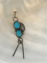 Vintage Old Pawn Two Bright Blue Turquoise Oval Stones w Carved Sterling Leaf &amp;  - £24.88 GBP