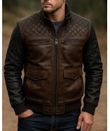 Two-Tone Cowhide Leather Bomber Jacket: Rugged Quilted Outdoor Coat - $184.99