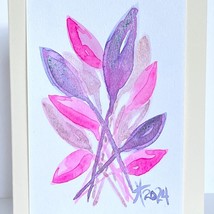 Pink Funky Leaves Watercolor Art Handmade Original Blank Greeting Card E... - $12.95