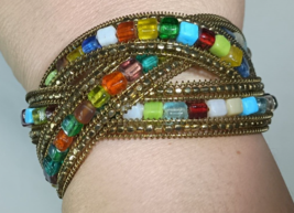 Mosaic Bead Cuff Bracelet Multi Strand Crisscross Beaded Bangle Bracelet Stiff - $14.69