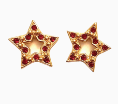 Avon Sparkle Star Pierced Earrings 1994 VTG .75&quot; Red Rhinestones steel p... - £15.71 GBP