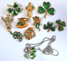 Green Clover St Patricks Day Jewelry Lot Pins, Earrings, Necklace, Charm - $36.38