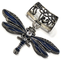 RETRO Dragonfly Scarf Ring Enamel Marcasite Rhinestone Shawl Accesory Silvertone - £11.94 GBP