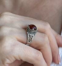 Sterling Silver Filigree Art Carnelian Gemstone Women Greek Key Cocktail Ring - £36.07 GBP