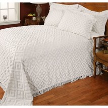 Full size Diamond Pattern Cotton Chenille Bedspread in White - $171.49