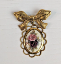 VINTAGE bow dangle pendant roses painted enamel BROOCH PIN gold tone - $14.84