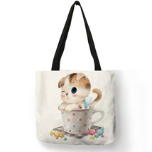 Cute Design Handbags for Girls Funny Cup Baby Cat Animal Prints Tote Bag Eco Lin - £13.81 GBP