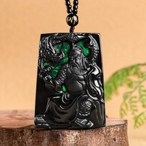 Mighty Guan Gong and Dragon Real Black Jade Pendant Necklace, Natural Burma A Gr - £81.62 GBP