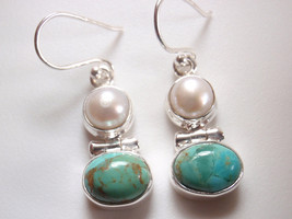 Turquoise Oval and Cultured Pearl 925 Sterling Silver Dangle Earrings p308g - £41.71 GBP